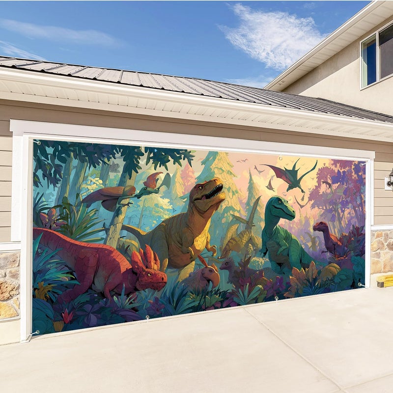 THISFIND Dinosaur Garage Door Banner – Prehistoric Jungle Scene with T-Rex, Triceratops & Pterosaurs – Outdoor Wall Mural for Home Decor, Parties & Events - Image 3